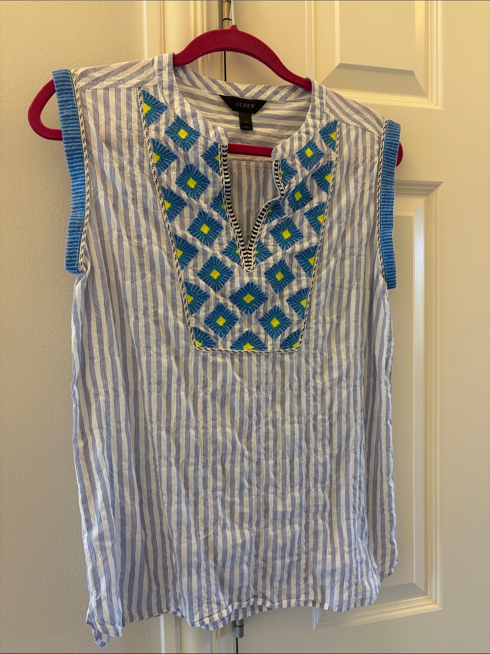 J. Crew Blue and White Striped Embroidered Sleeveless Tunic